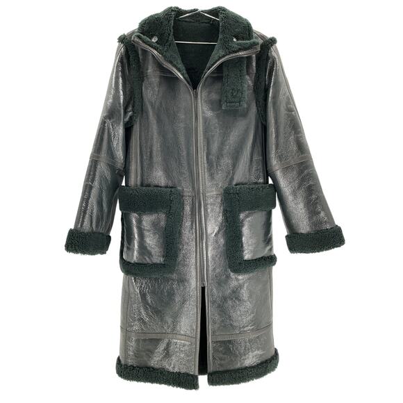 Helmut Lang Green Patent Shearling Coat Size XS - Picture 2 of 4